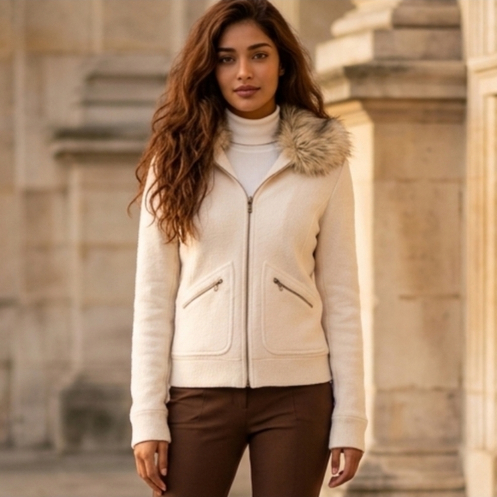 NWT Lauren Ralph Lauren Cream Wool Jacket Removable Faux Fur Collar Small Zip - Picture 4 of 16